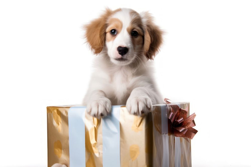 A dog emerges from a gift box animal canine mammal.