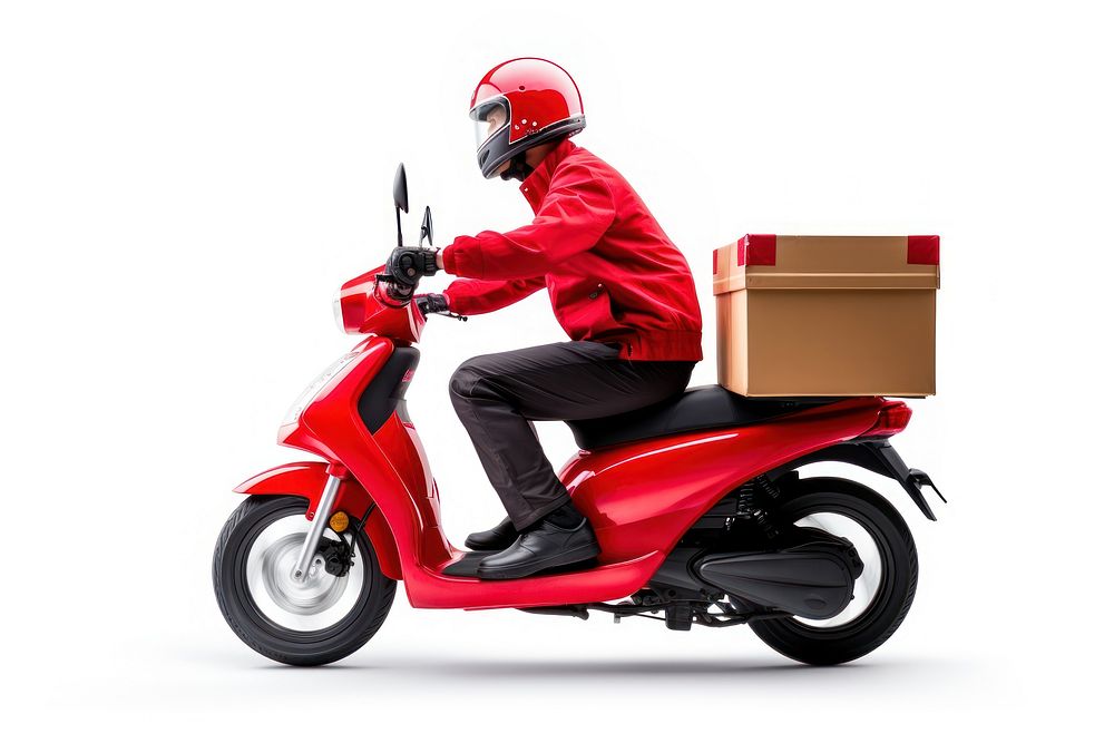 Delivery man riding motorcycle transportation cardboard.
