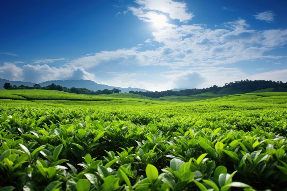 Tea leaf field sky agriculture countryside.