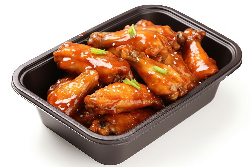 Chicken wings in take out container food meat white background.