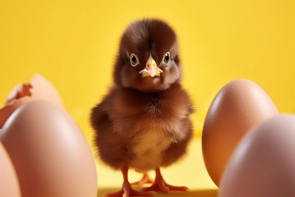 Chick hatched out of chocolate Easter egg animal person human.
