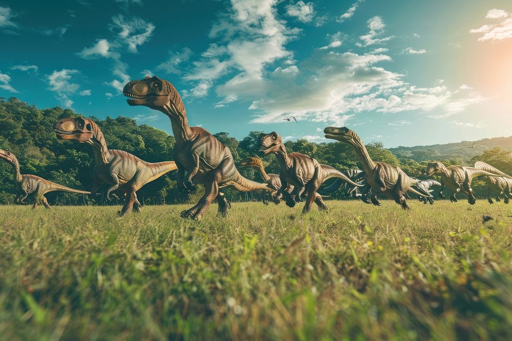 Herd of dinosaurs grassland outdoors wildlife.