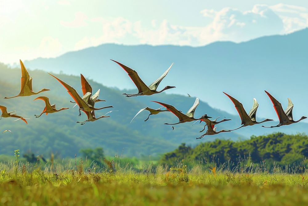 Herd of Pteranodons waterfowl outdoors scenery.