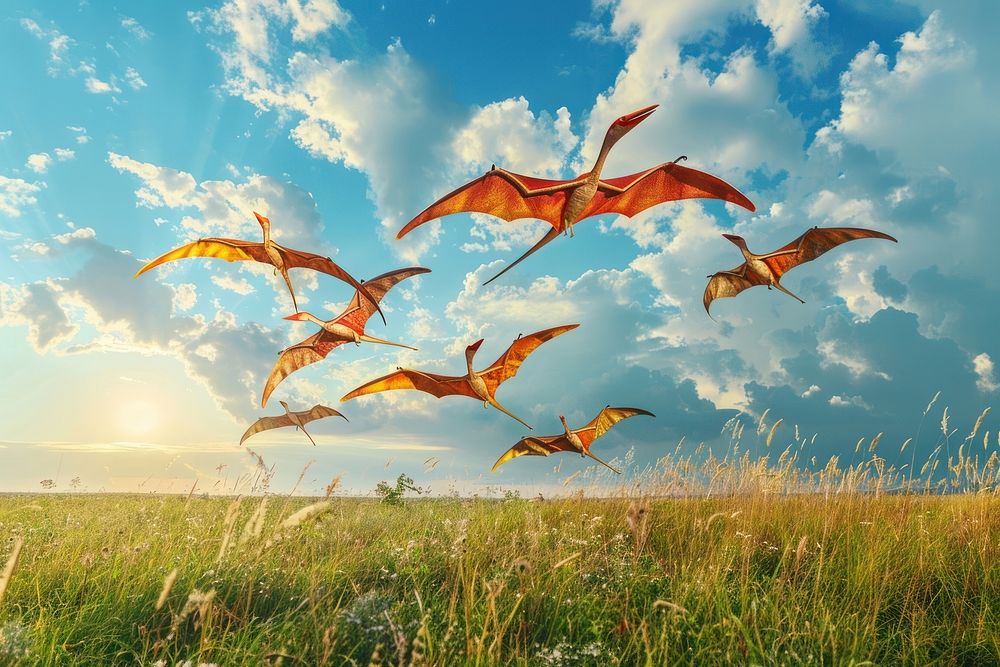 Herd of Pteranodons recreation grassland adventure.