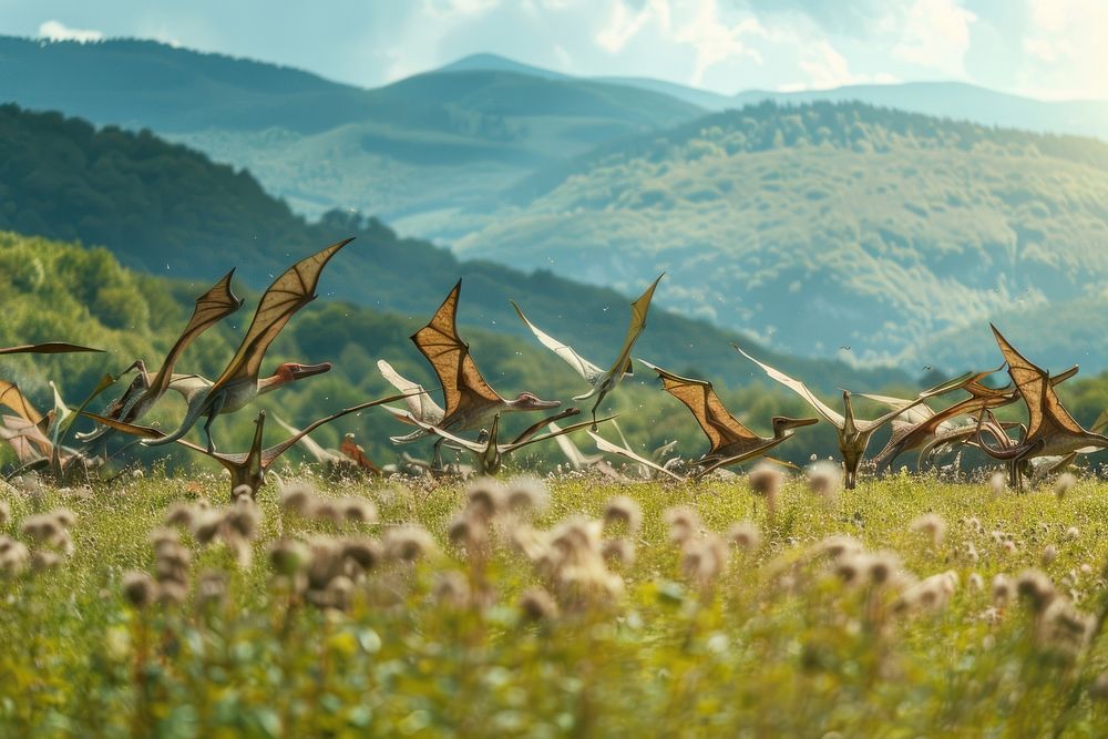 Herd of Pteranodons countryside vegetation wilderness.