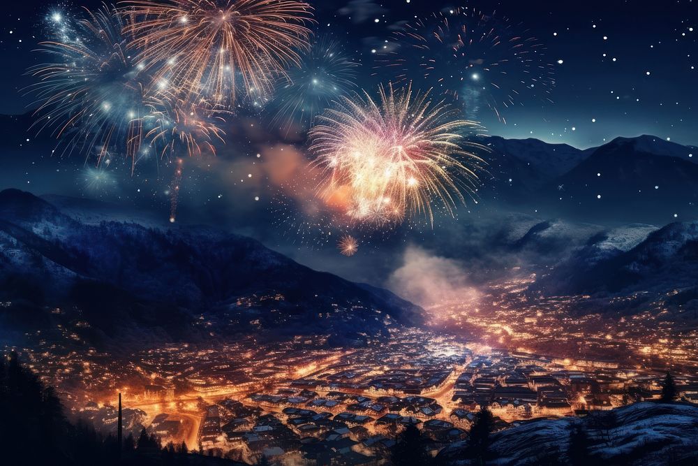New Year fireworks mountain landscape.