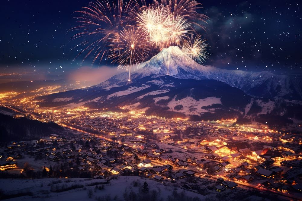 New Year fireworks mountain architecture.