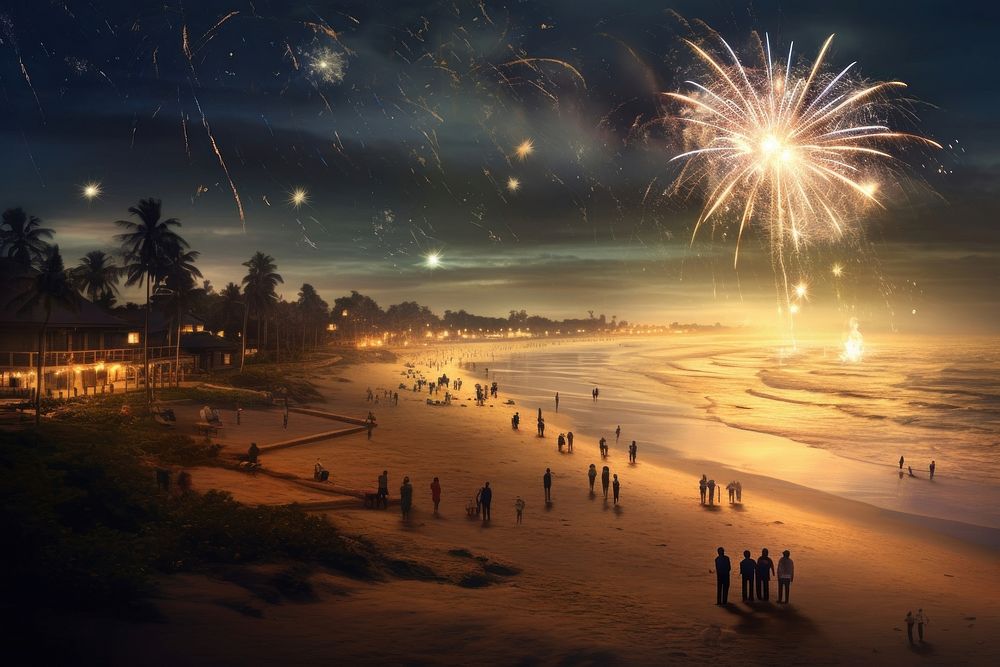 New Year fireworks beach shoreline.