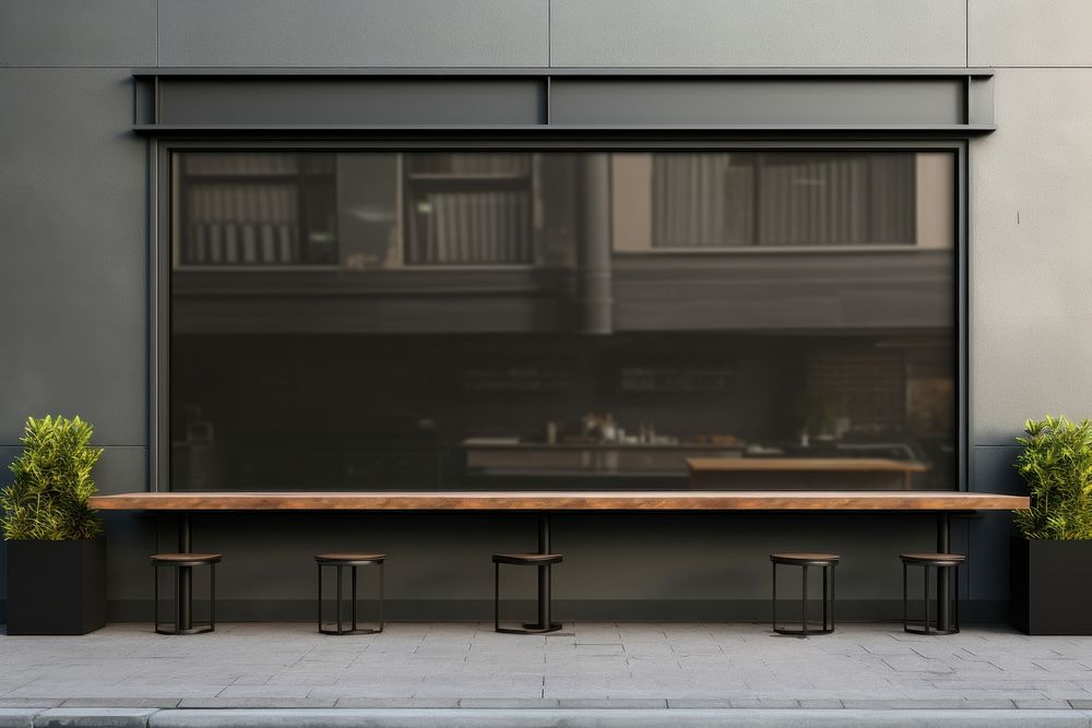 Restaurant window mockup outdoors blackboard furniture.