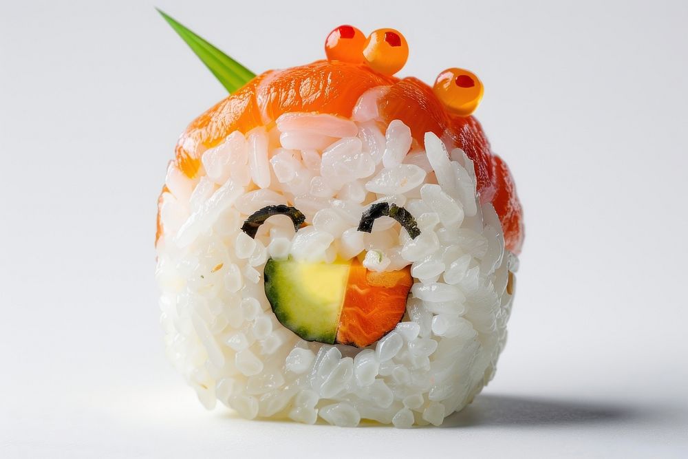 Smile face sushi produce ketchup grain.