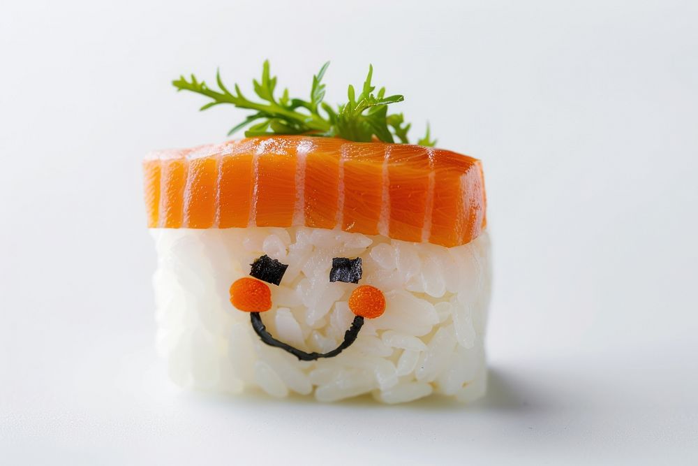 Smile face sushi produce seafood grain.