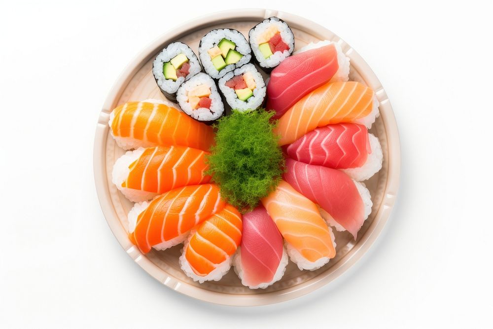 Sushi on plate produce seafood grain.