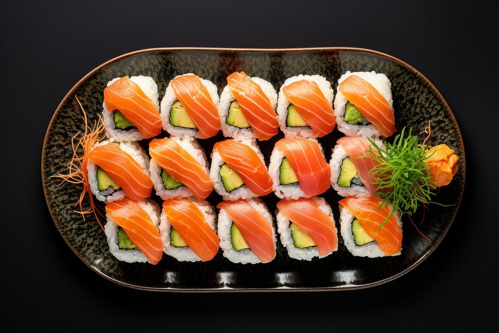 Sushi on plate produce seafood grain.