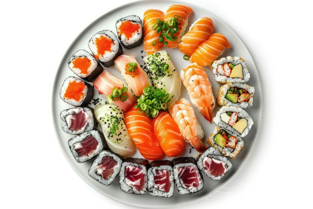 Sushi on plate platter produce grain.