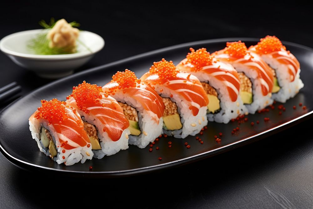 Sushi on plate produce cutlery grain.