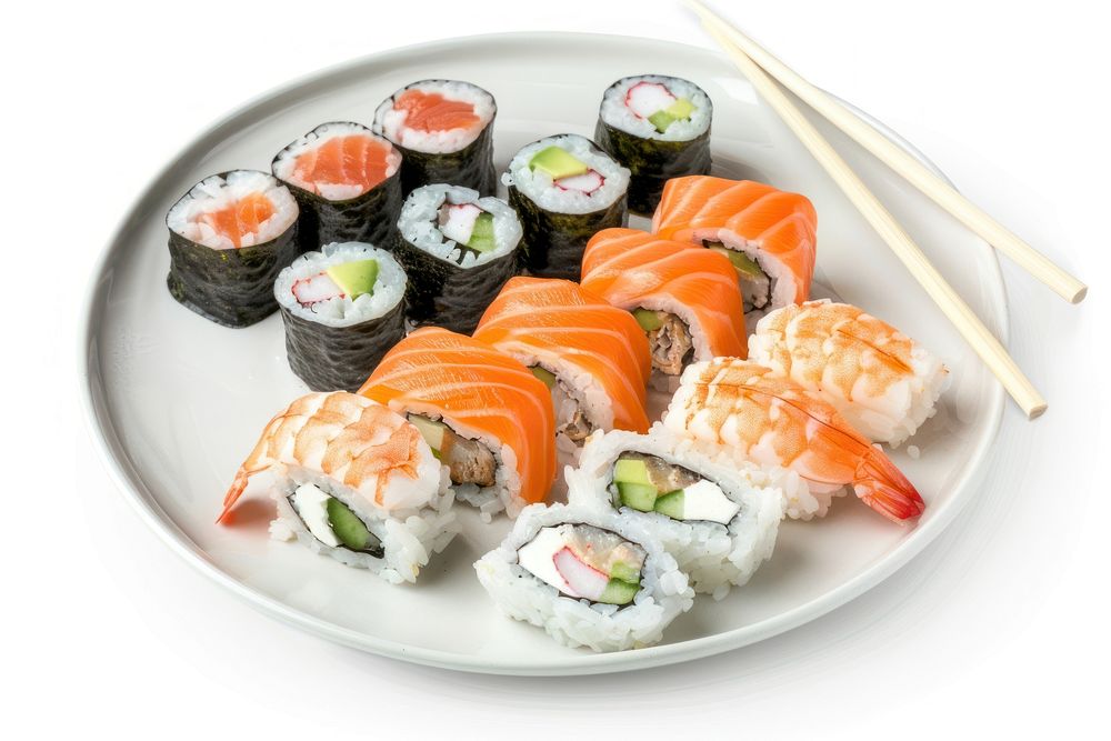Sushi on plate produce grain dish.