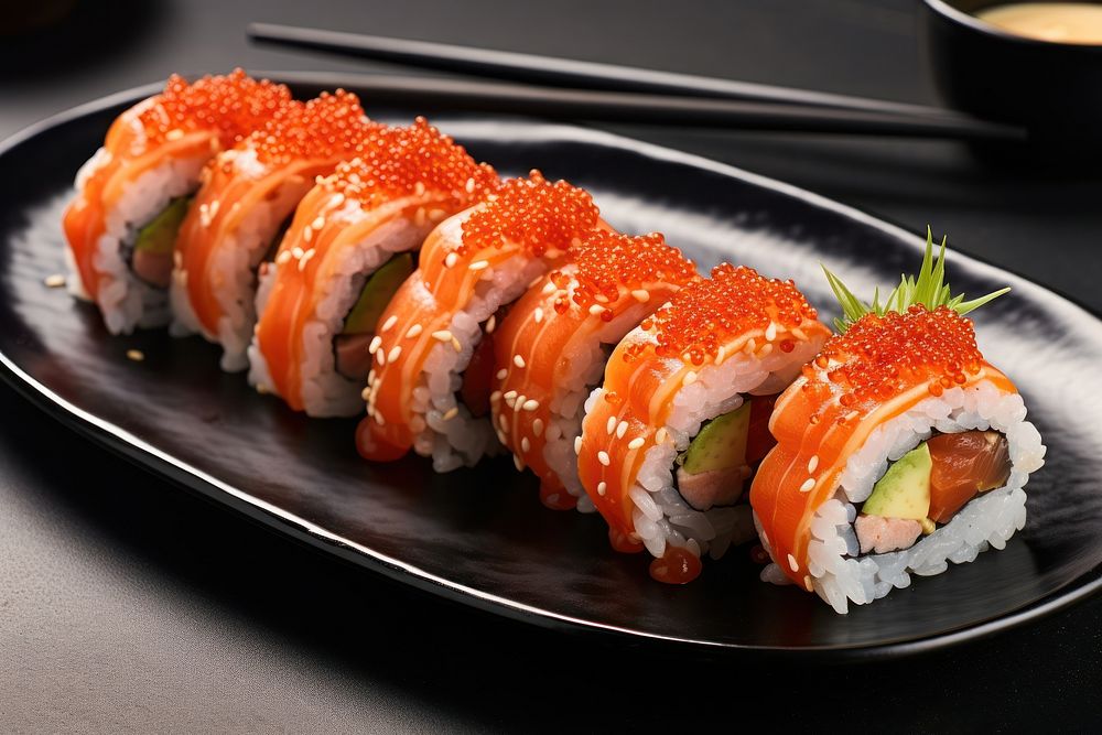 Sushi on plate invertebrate produce lobster.