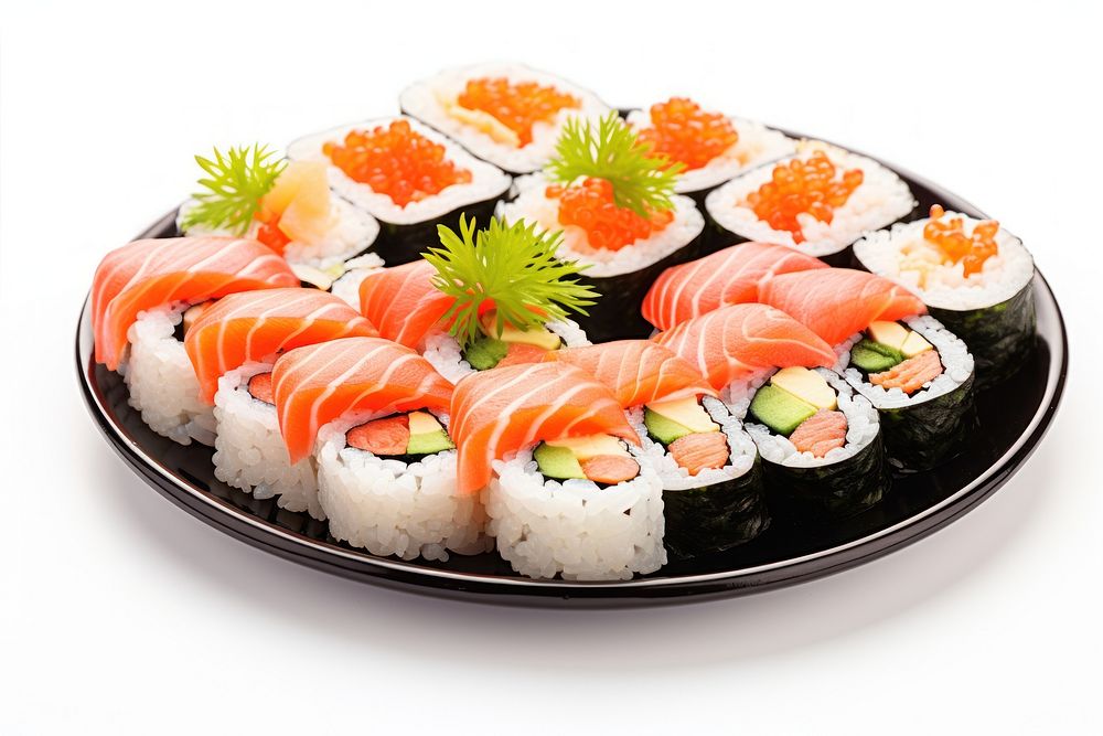 Sushi on plate produce grain dish.