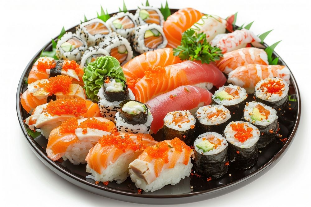 Sushi on plate produce platter grain.