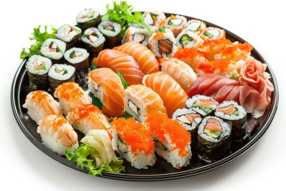Sushi on plate produce platter grain.