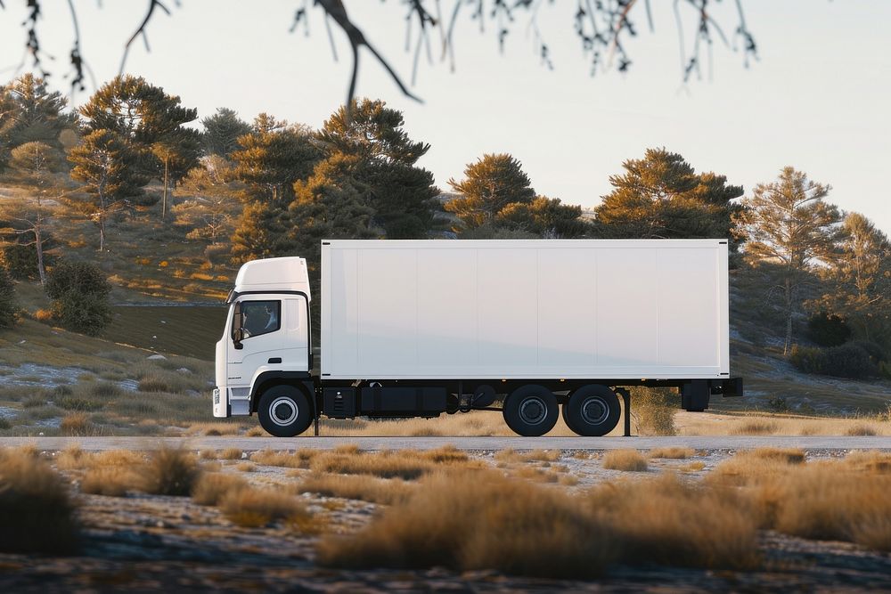Blank white container truck mockup transportation vehicle person.