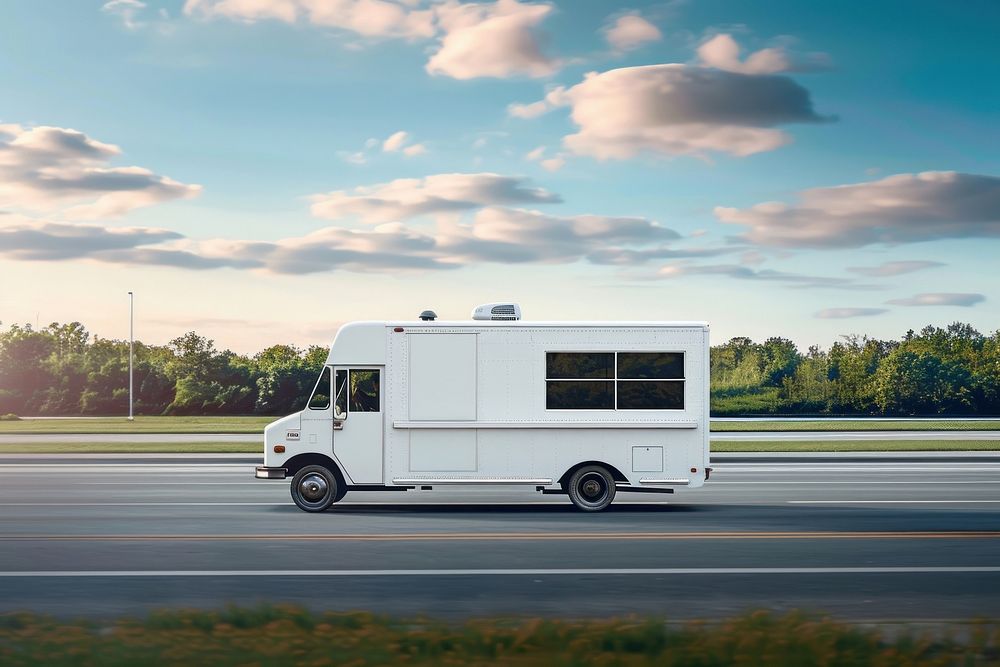 Blank white food truck mockup transportation vehicle person.