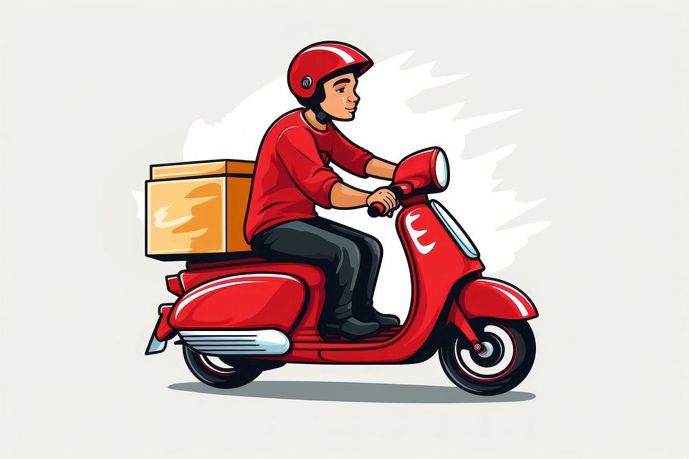 Delivery man riding motorcycle transportation e-scooter.