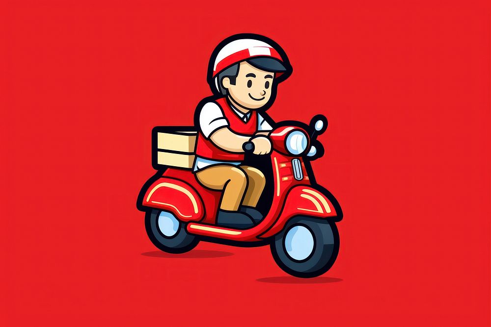 Delivery man riding motorcycle transportation vehicle.