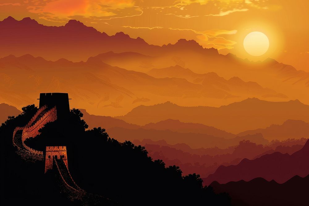 Silhouette of Great wall of China astronomy landmark outdoors.