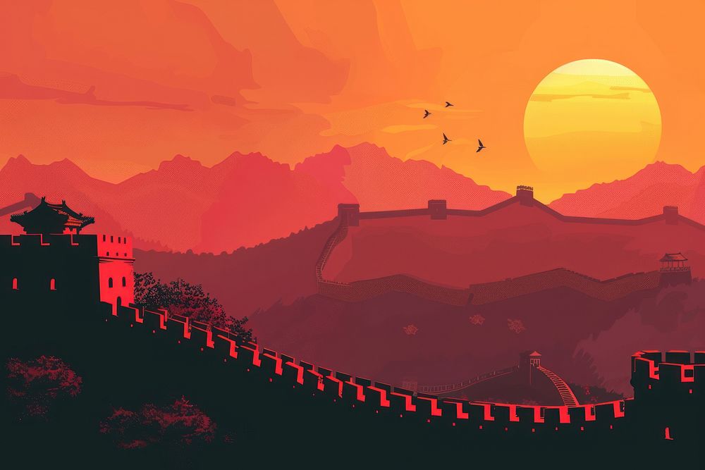 Silhouette of Great wall of China landmark animal bridge.