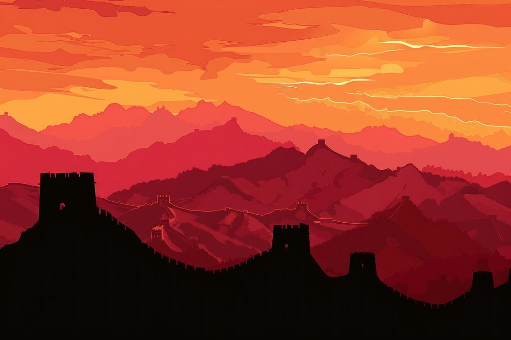 Silhouette of Great wall of China sunset landscape outdoors.