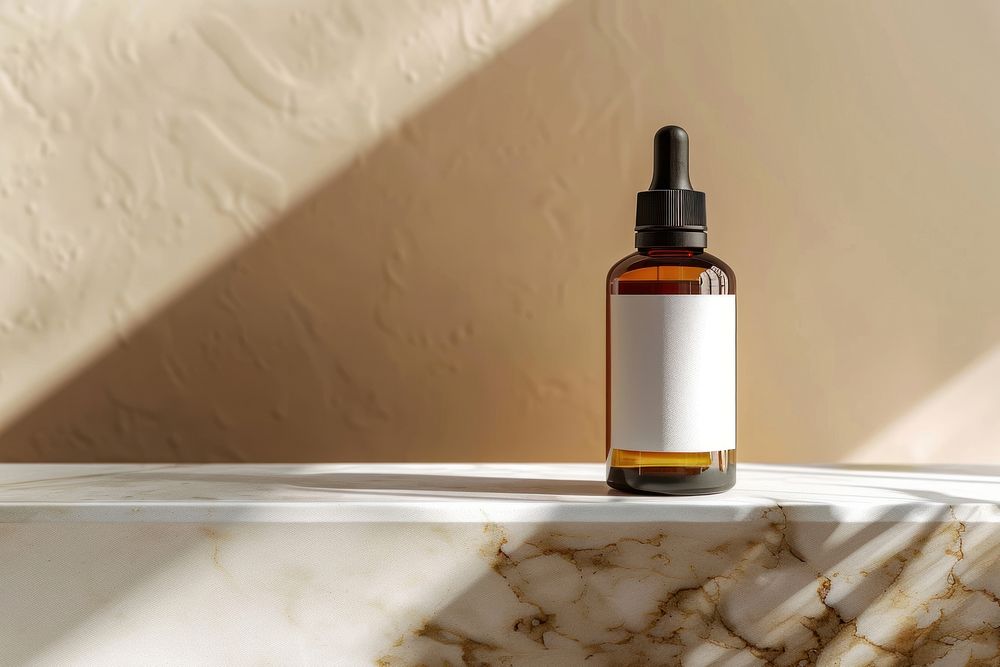 Amber bottle with white label mockup cosmetics perfume food.