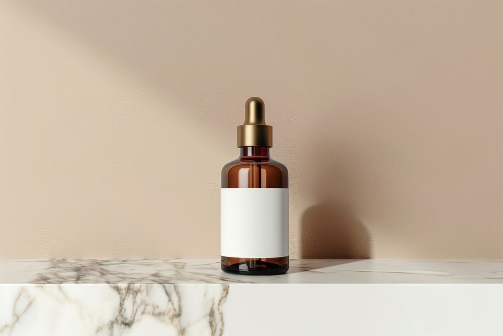 Amber bottle with white label mockup cosmetics perfume.