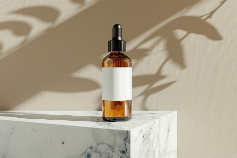 Amber bottle with white label mockup cosmetics perfume.