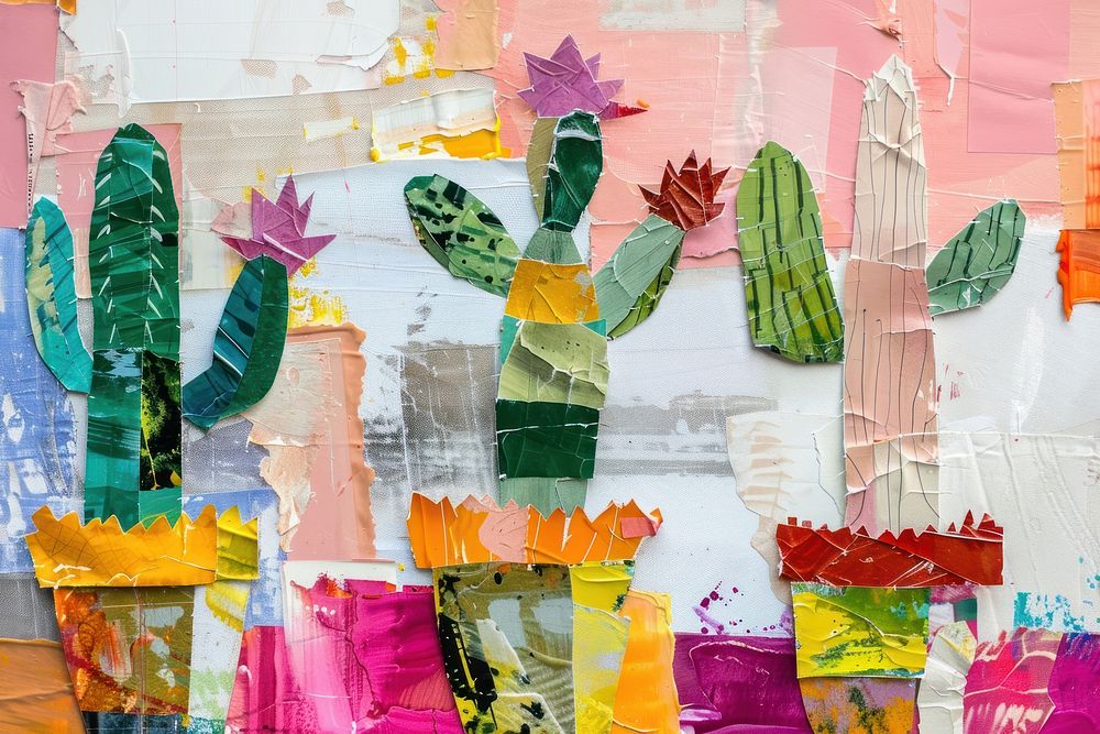 Cactus collage art painting.