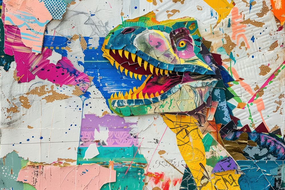 Dinosaur collage art painting.