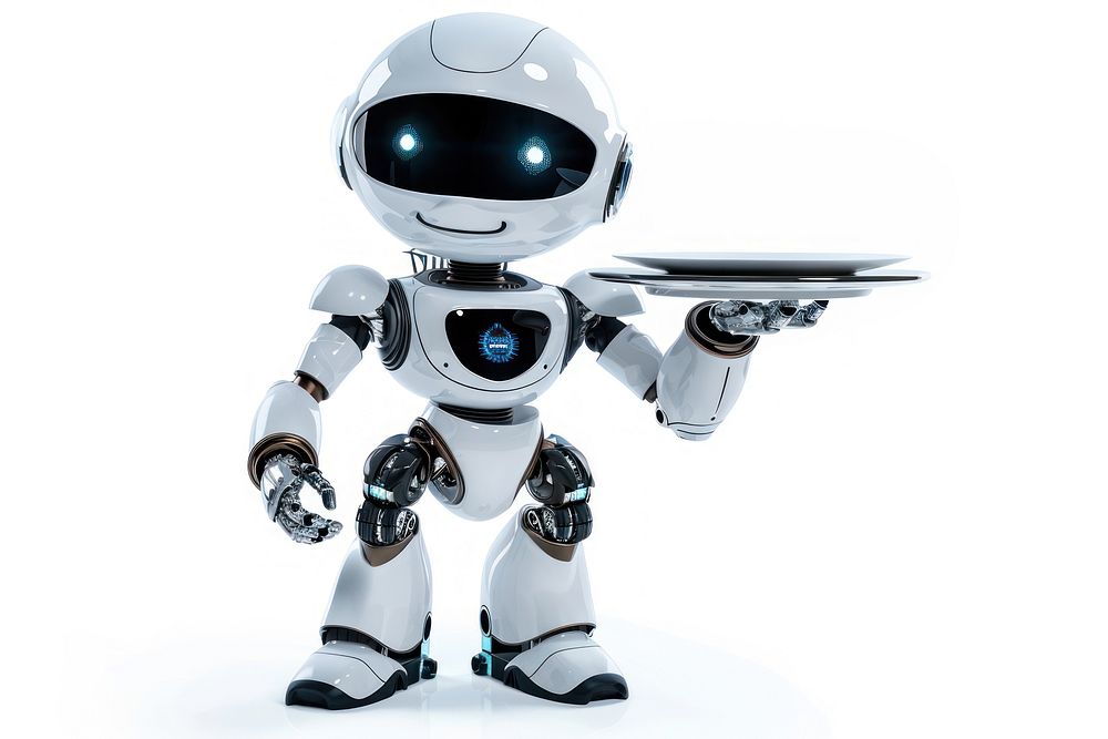 Robot waiter futuristic white background technology.