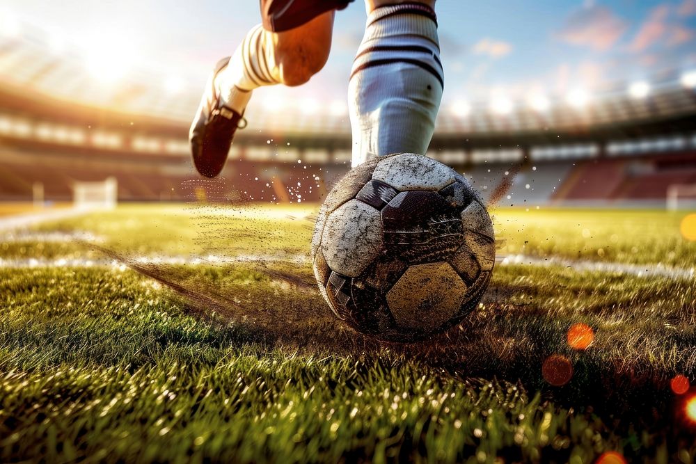 Football or Soccer player foot kicking stadium sports.