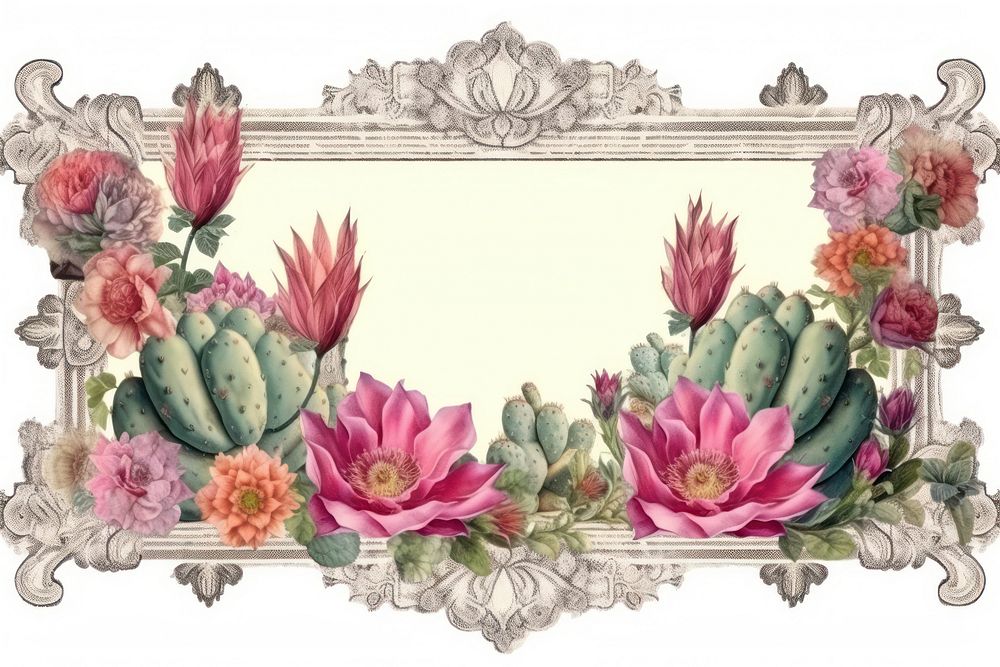 Vintage frame cactus pattern white background creativity.