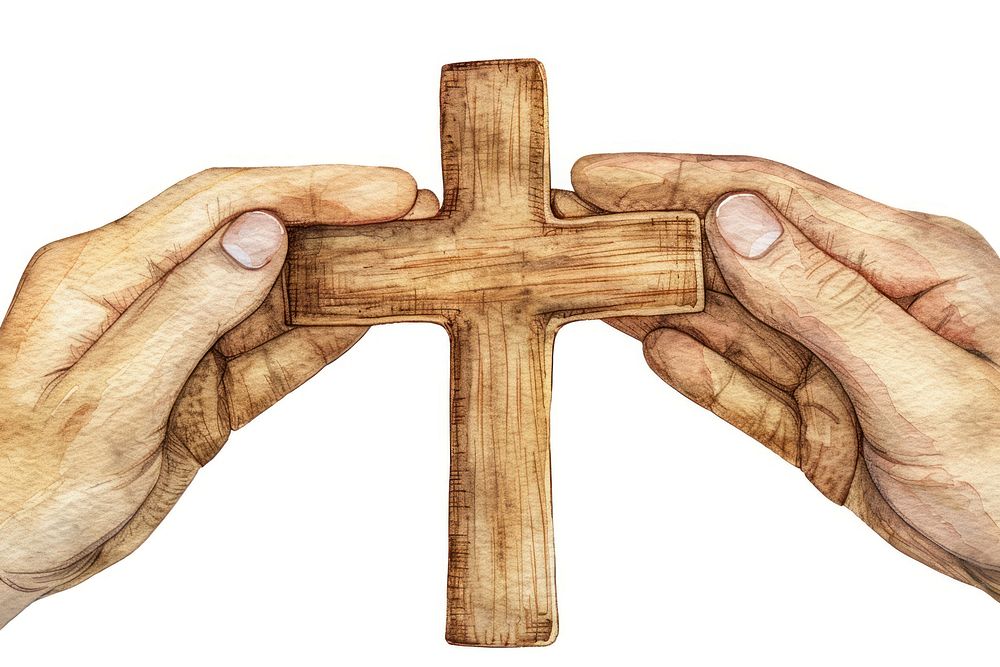 Person holding cross symbol wood white background.