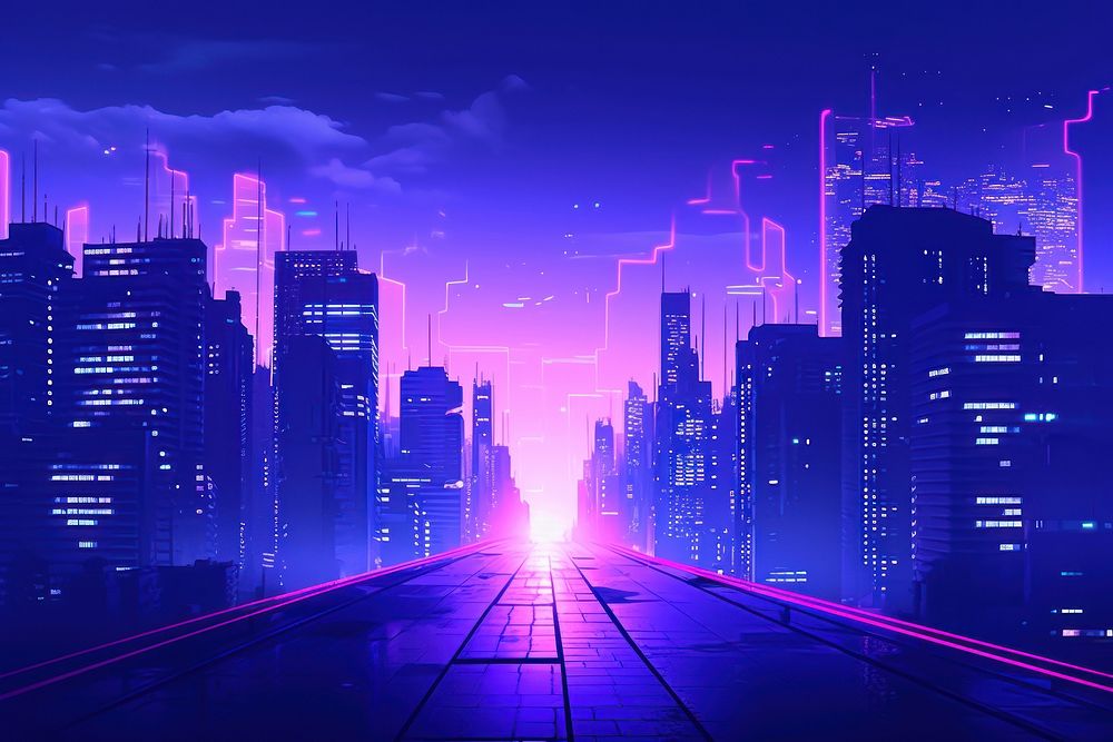 Cyberpunk purple architecture cityscape.