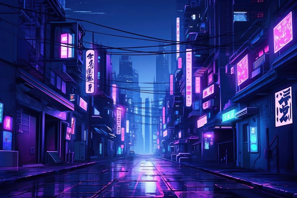 Cyberpunk street purple light.