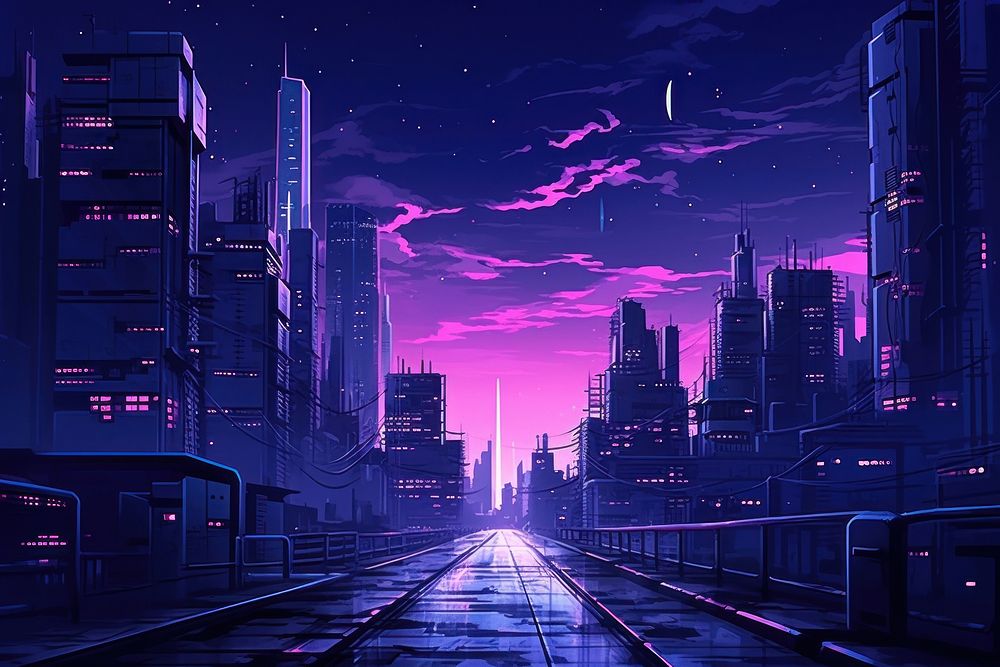 Cyberpunk purple architecture cityscape.