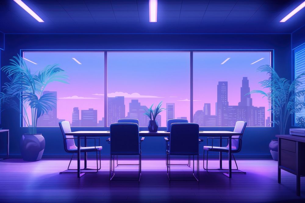 Office meeting room furniture lighting purple.