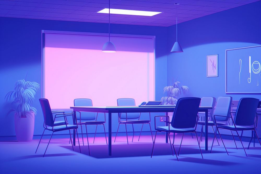 Office meeting room furniture lighting purple.