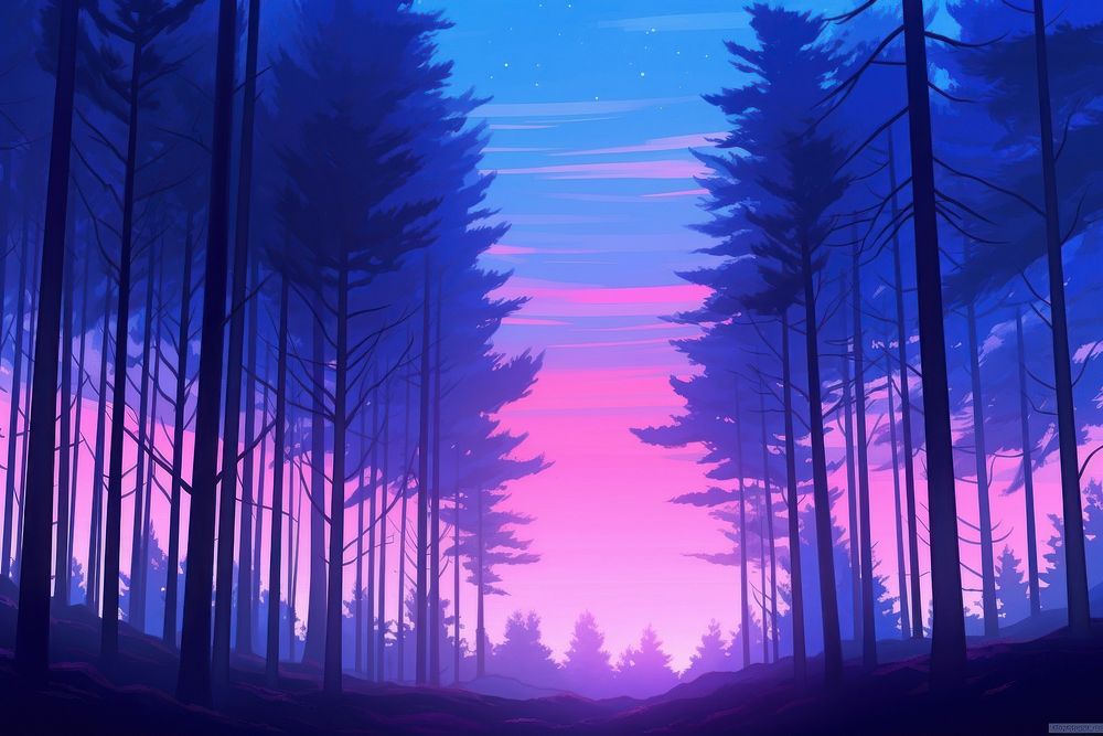 Pine forest purple landscape outdoors.