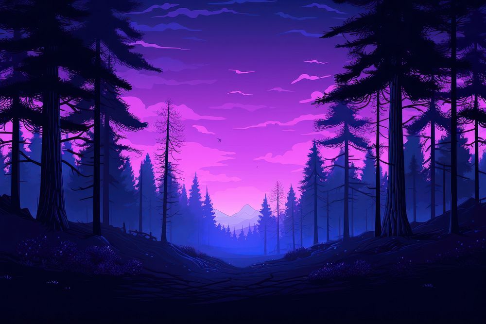 Pine forest purple landscape outdoors.
