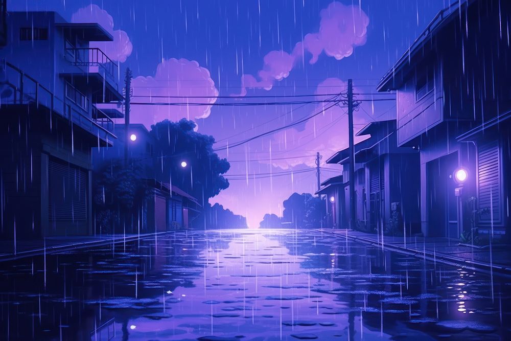 Rain outdoors street purple.
