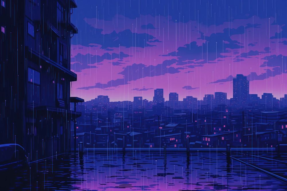 Rain purple architecture cityscape.