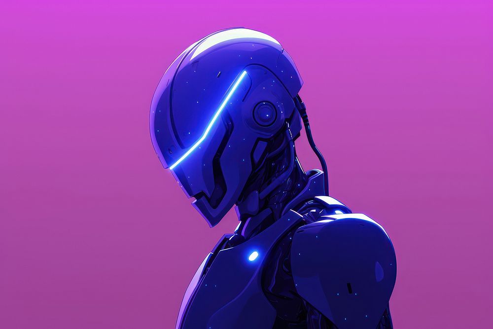 Robot purple helmet blue.